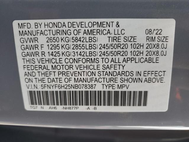 Photo 14 from auction – 2022 HONDA PILOT SE with VIN 5FNYF6H25NB078387