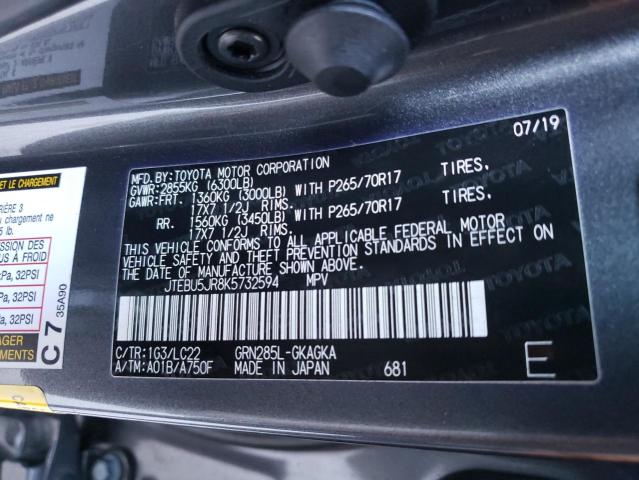 Photo 14 from auction – 2019 TOYOTA 4RUNNER SR with VIN JTEBU5JR8K5732594
