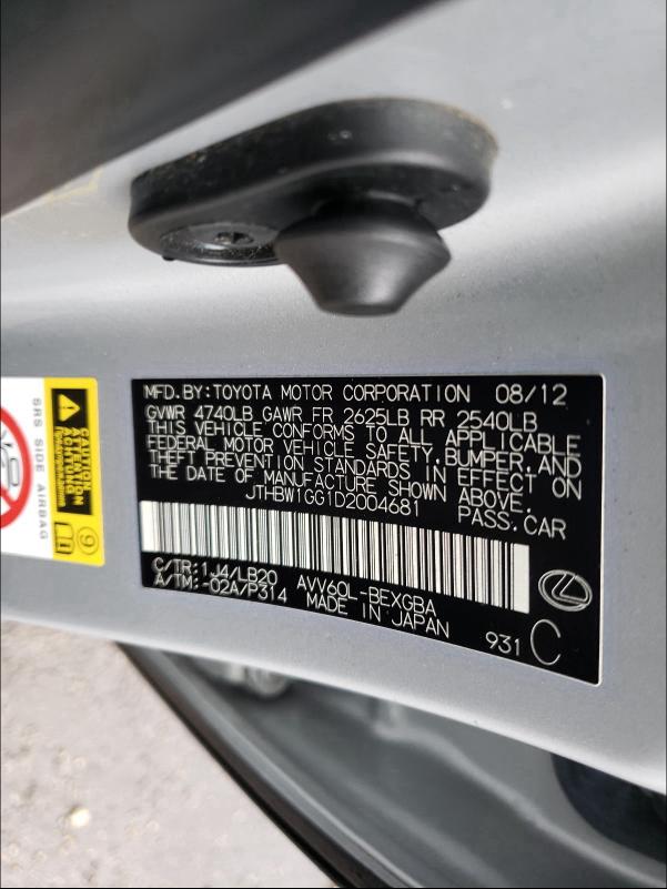 Photo 10 from auction – 2013 LEXUS ES 300H with VIN JTHBW1GG1D2004681