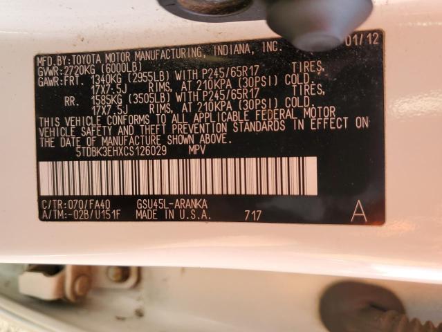Photo 14 from auction – 2012 TOYOTA HIGHLANDER with VIN 5TDBK3EHXCS126029