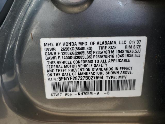 Photo 10 from auction – 2007 HONDA PILOT EXL with VIN 5FNYF28727B027694