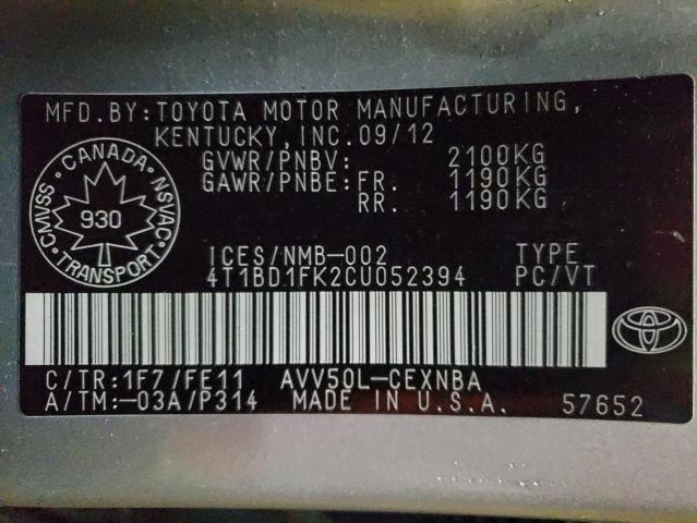 Photo 14 from auction – 2012 TOYOTA CAMRY HYBR with VIN 4T1BD1FK2CU052394