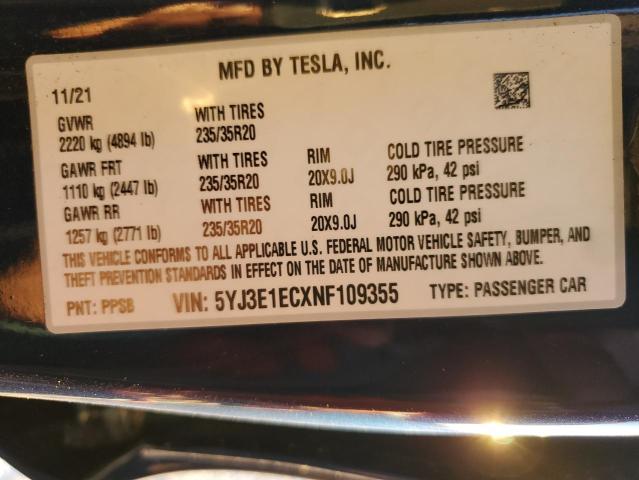 Photo 14 from auction – 2022 TESLA MODEL 3 with VIN 5YJ3E1ECXNF109355