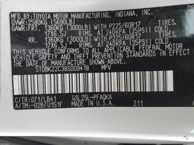 Photo 14 from auction – 2008 TOYOTA SIENNA XLE with VIN 5TDBK22C38S009418
