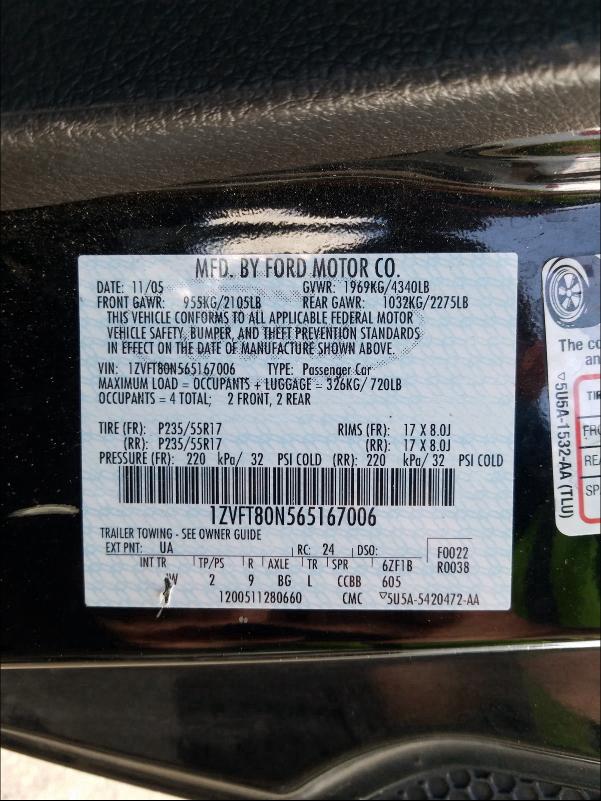 Photo 10 from auction – 2006 FORD MUSTANG with VIN 1ZVFT80N565167006