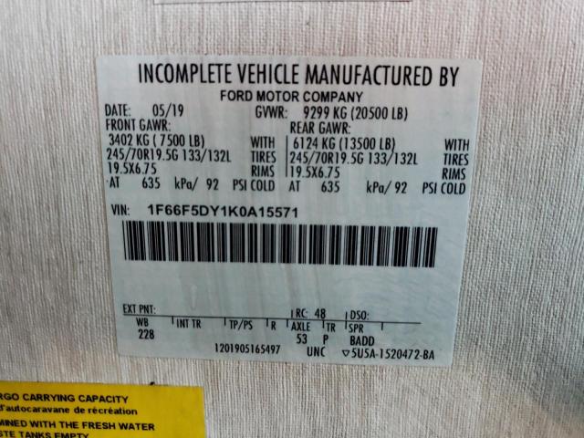 Photo 10 from auction – 2019 FORD F53 with VIN 1F66F5DY1K0A15571