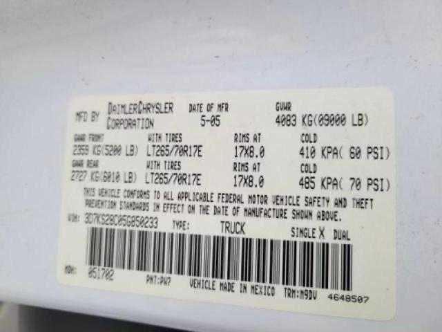 Photo 10 from auction – 2005 DODGE RAM 2500 S with VIN 3D7KS28C05G850233