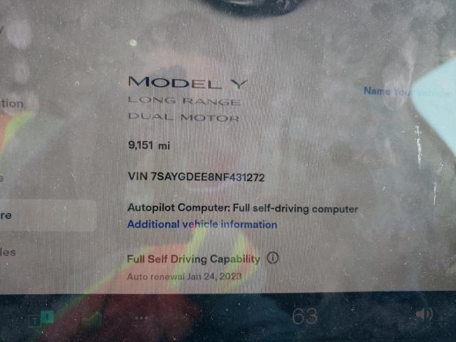 Photo 9 from auction – 2022 TESLA MODEL Y with VIN 7SAYGDEE8NF431272