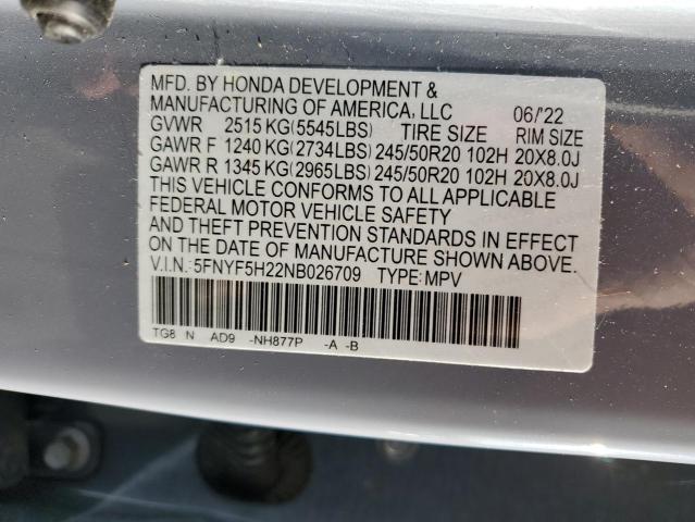 Photo 14 from auction – 2022 HONDA PILOT SE with VIN 5FNYF5H22NB026709