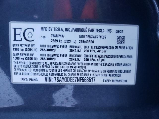 Photo 14 from auction – 2022 TESLA MODEL Y with VIN 7SAYGDEE7NF563617