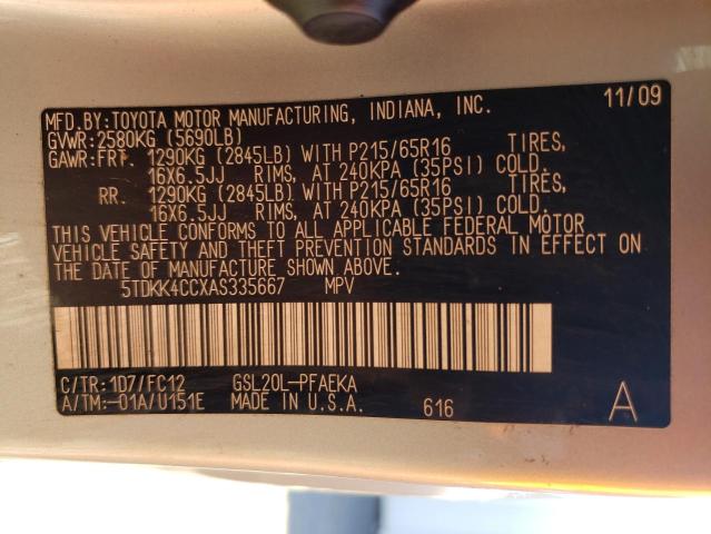 Photo 14 from auction – 2010 TOYOTA SIENNA CE with VIN 5TDKK4CCXAS335667