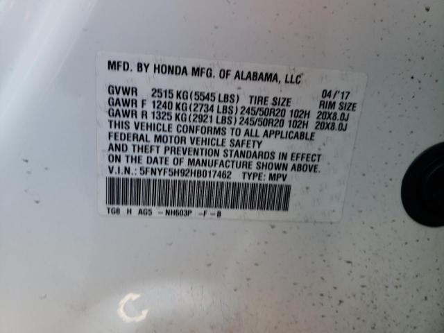 Photo 14 from auction – 2017 HONDA PILOT TOUR with VIN 5FNYF5H92HB017462
