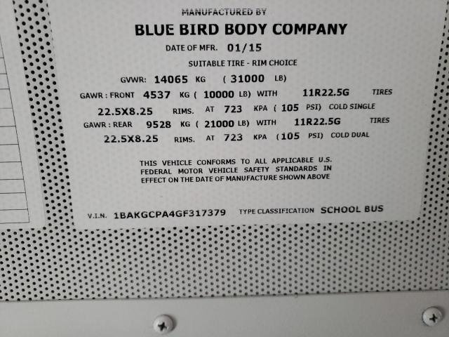 Photo 10 from auction – 2016 BLUE BIRD SCHOOL BUS with VIN 1BAKGCPA4GF317379