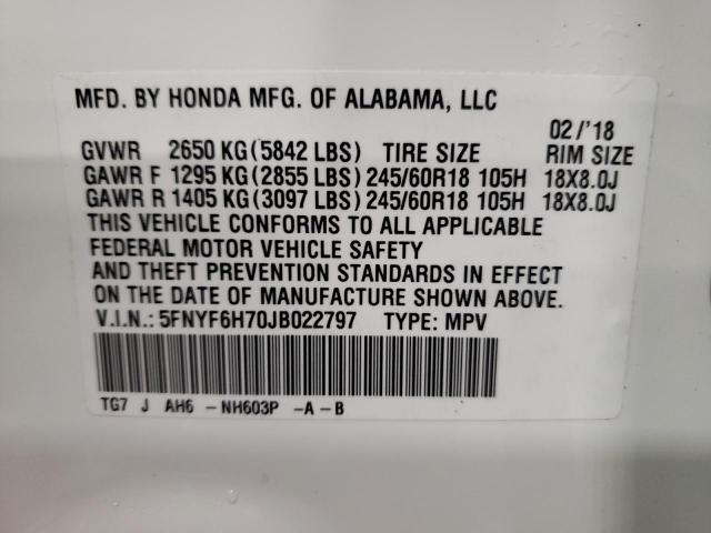 Photo 14 from auction – 2018 HONDA PILOT EXLN with VIN 5FNYF6H70JB022797