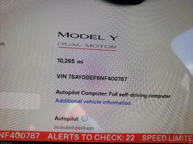 Photo 9 from auction – 2022 TESLA MODEL Y with VIN 7SAYGDEF6NF400787