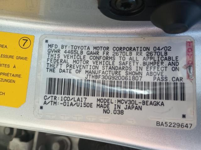 Photo 10 from auction – 2002 LEXUS ES 300 with VIN JTHBF30G920061807