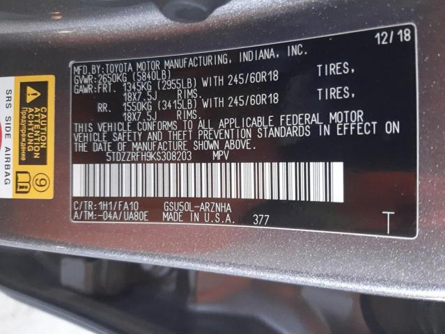 Photo 14 from auction – 2019 TOYOTA HIGHLANDER with VIN 5TDZZRFH9KS308203