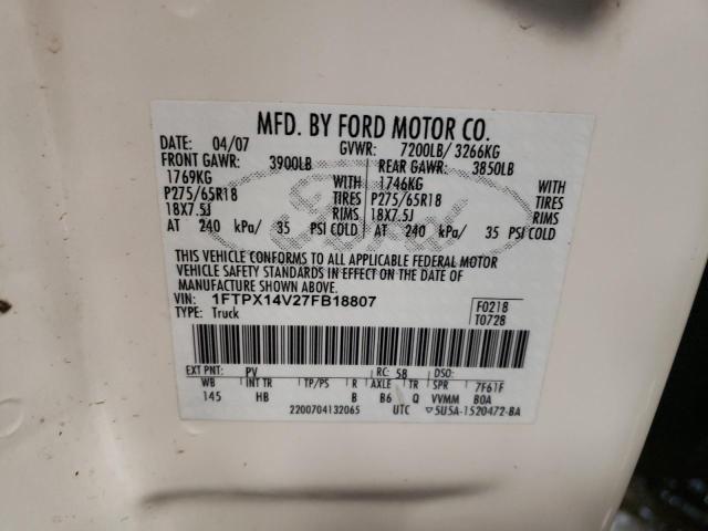 Photo 10 from auction – 2007 FORD F150 with VIN 1FTPX14V27FB18807