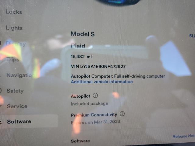 Photo 9 from auction – 2022 TESLA MODEL S with VIN 5YJSA1E60NF472927