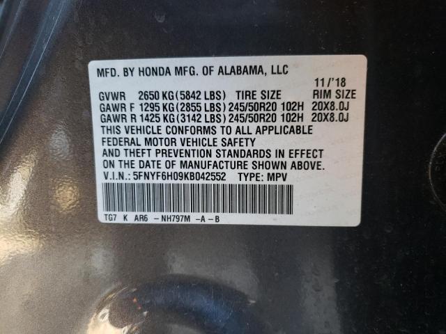 Photo 14 from auction – 2019 HONDA PILOT ELIT with VIN 5FNYF6H09KB042552
