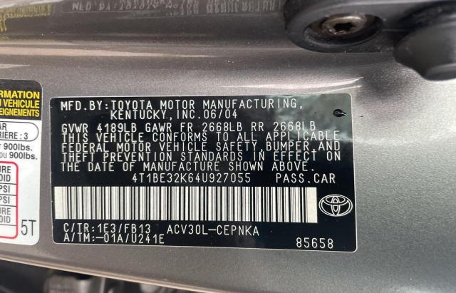 Photo 10 from auction – 2004 TOYOTA CAMRY LE with VIN 4T1BE32K64U927055