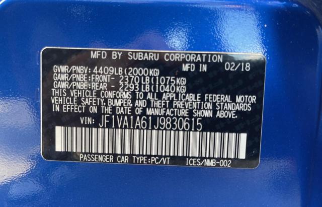 Photo 10 from auction – 2018 SUBARU WRX with VIN JF1VA1A61J9830615