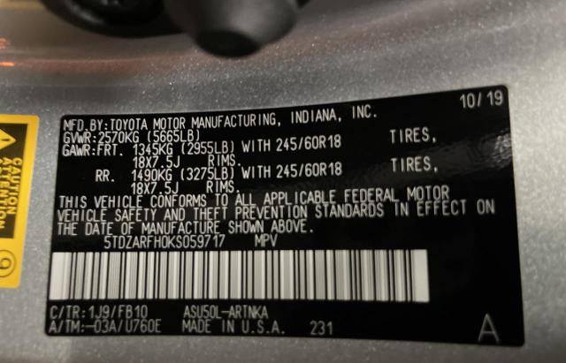 Photo 10 from auction – 2019 TOYOTA HIGHLANDER with VIN 5TDZARFH0KS059717