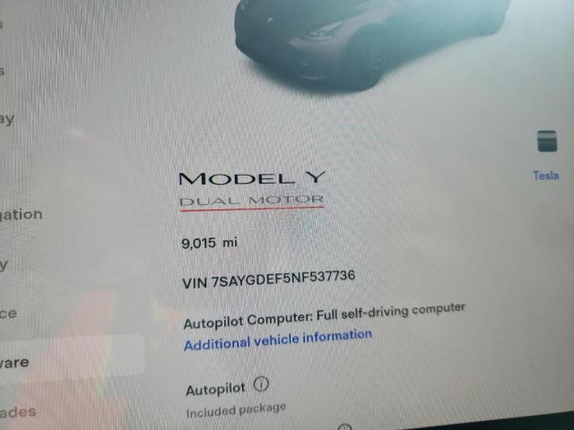Photo 9 from auction – 2022 TESLA MODEL Y with VIN 7SAYGDEF5NF537736