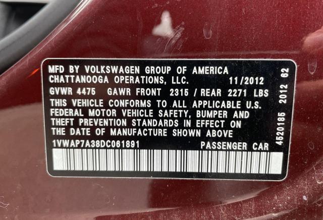 Photo 10 from auction – 2013 VOLKSWAGEN PASSAT S with VIN 1VWAP7A38DC061891