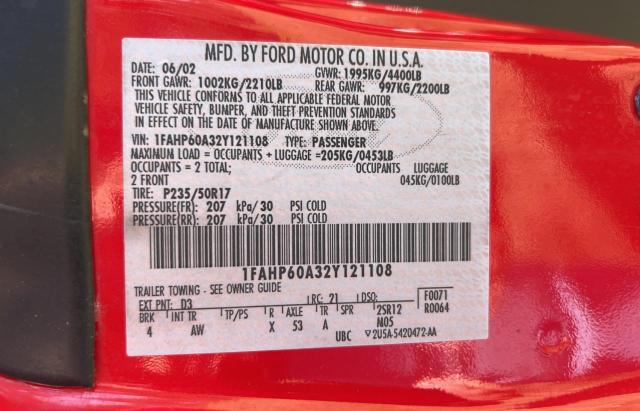 Photo 10 from auction – 2002 FORD THUNDERBIR with VIN 1FAHP60A32Y121108