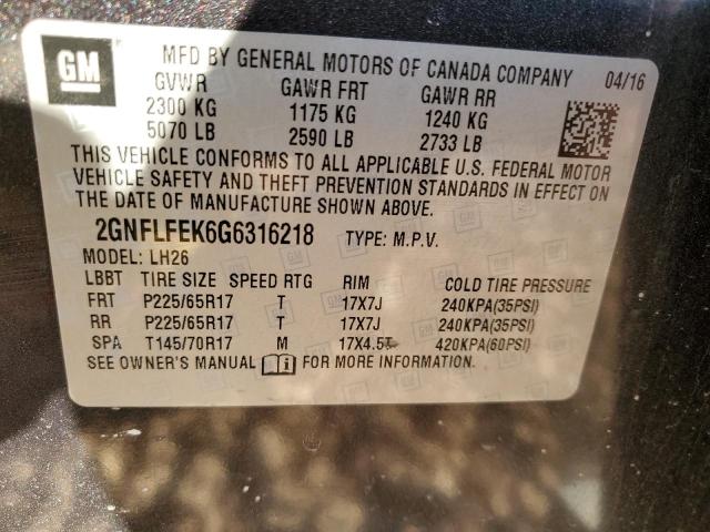 Photo 14 from auction – 2016 CHEVROLET EQUINOX LT with VIN 2GNFLFEK6G6316218