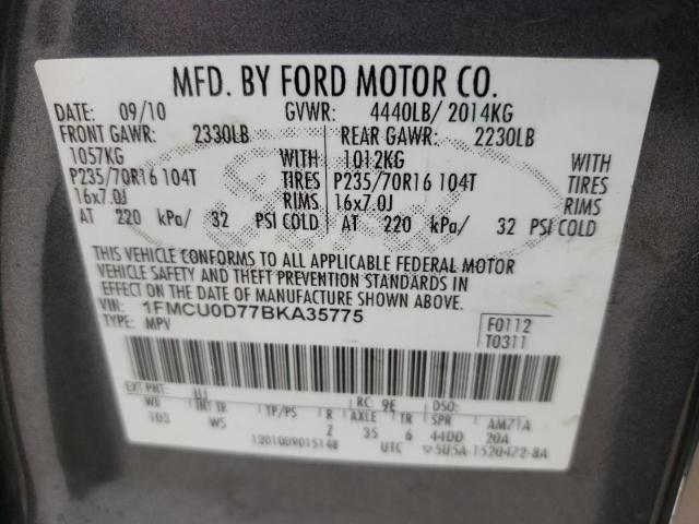 Photo 14 from auction – 2011 FORD ESCAPE XLT with VIN 1FMCU0D77BKA35775