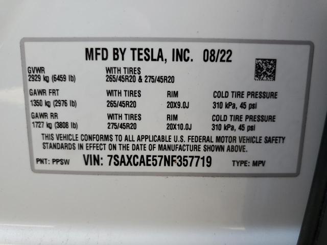 Photo 14 from auction – 2022 TESLA MODEL X with VIN 7SAXCAE57NF357719