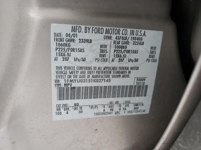 Photo 14 from auction – 2001 FORD ESCAPE XLT with VIN 1FMYU03151KB27145