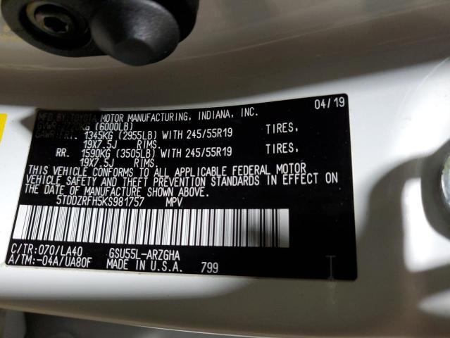 Photo 14 from auction – 2019 TOYOTA HIGHLANDER with VIN 5TDDZRFH5KS981757