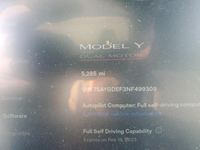 Photo 9 from auction – 2022 TESLA MODEL Y with VIN 7SAYGDEF3NF499309