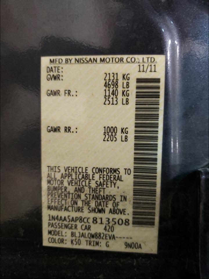 Photo 10 from auction – 2012 NISSAN MAXIMA S with VIN 1N4AA5AP8CC813508