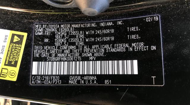 Photo 10 from auction – 2019 TOYOTA HIGHLANDER with VIN 5TDBGRFH8KS061215