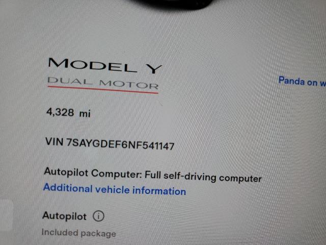 Photo 9 from auction – 2022 TESLA MODEL Y with VIN 7SAYGDEF6NF541147