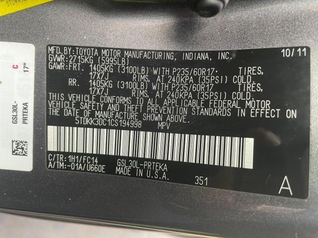 Photo 10 from auction – 2012 TOYOTA SIENNA LE with VIN 5TDKK3DC1CS194998
