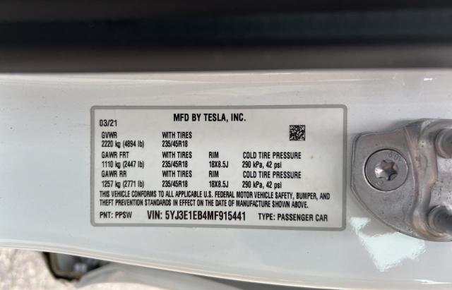 Photo 10 from auction – 2021 TESLA MODEL 3 with VIN 5YJ3E1EB4MF915441