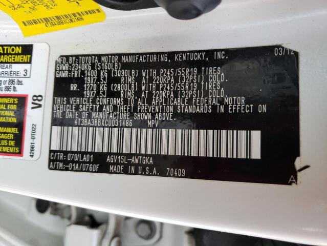 Photo 14 from auction – 2012 TOYOTA VENZA LE with VIN 4T3BA3BBXCU031486