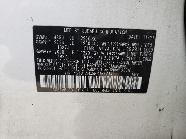 Photo 14 from auction – 2022 SUBARU OUTBACK LI with VIN 4S4BTANC8N3166714