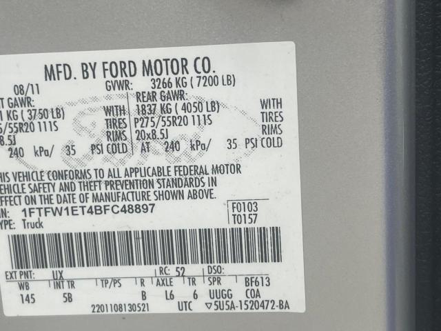 Photo 10 from auction – 2011 FORD F150 SUPER with VIN 1FTFW1ET4BFC48897