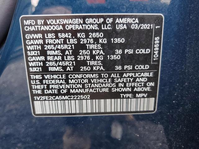Photo 14 from auction – 2021 VOLKSWAGEN ATLAS CROS with VIN 1V2FE2CA5MC222502