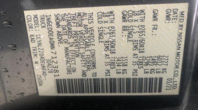 Photo 10 from auction – 2021 NISSAN FRONTIER S with VIN 1N6ED0EA0MN712381