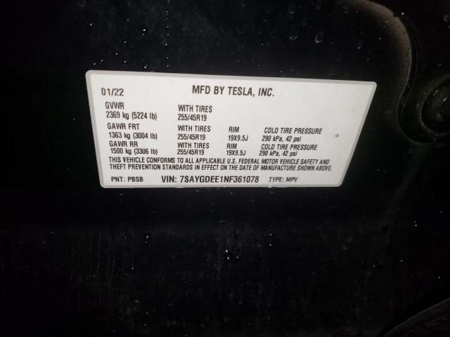 Photo 10 from auction – 2022 TESLA MODEL Y with VIN 7SAYGDEE1NF361078