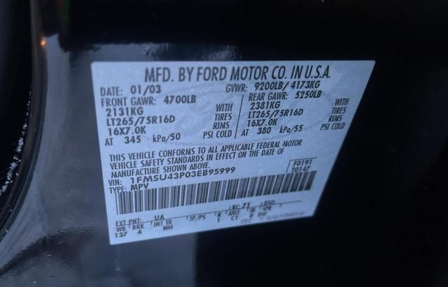 Photo 10 from auction – 2003 FORD EXCURSION with VIN 1FMSU43P03EB95999