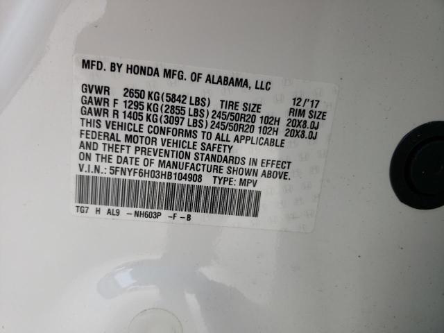 Photo 14 from auction – 2017 HONDA PILOT ELIT with VIN 5FNYF6H03HB104908