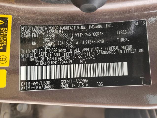 Photo 14 from auction – 2019 TOYOTA HIGHLANDER with VIN 5TDKZRFH2KS294419